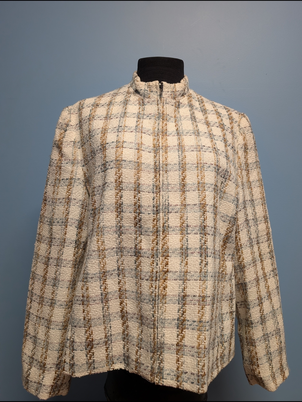 Norton McNaughton Cream and Tan Plaid Tweed Zip Jacket